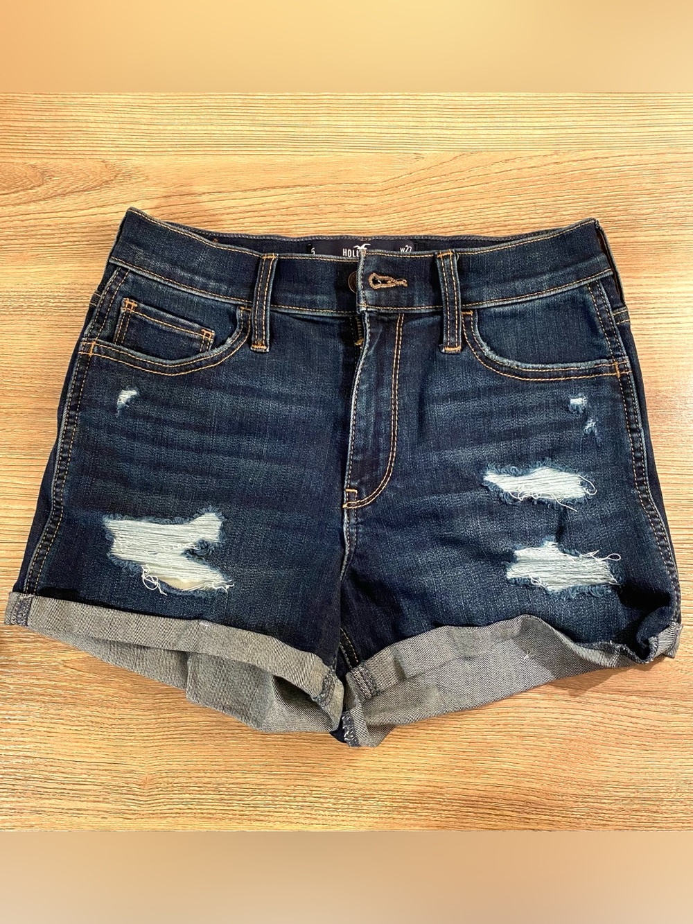 Hollister Dark Indigo Distressed Denim Cuffed Shorts